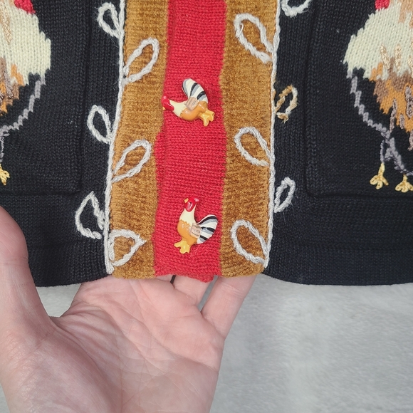 Vintage 90s STORYBOOK KNITS Rooster Cottage Cardigan Sweater Womens XS Black - Picture 4 of 11